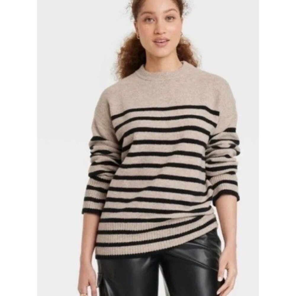 A new day Striped Knit Crewneck fuzzy soft  cozy Sweater - Beige & Black